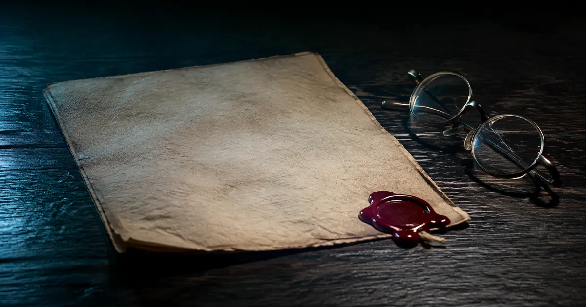 Documento notarial abierto con sello oficial y gafas de lectura sobre superficie oscura
