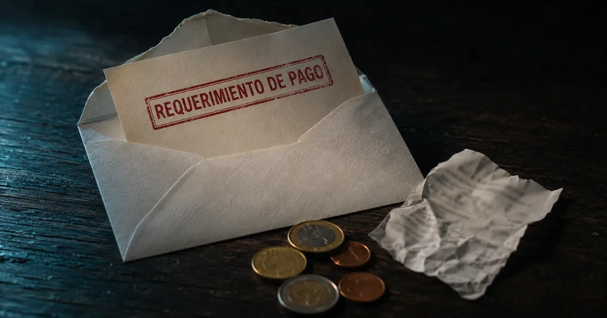 Sobre abierto con documentos familiares y monedas sobre superficie oscura con luz lateral