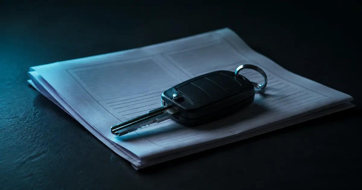 Documentos de financiación de coche y llaves del vehículo sobre superficie oscura