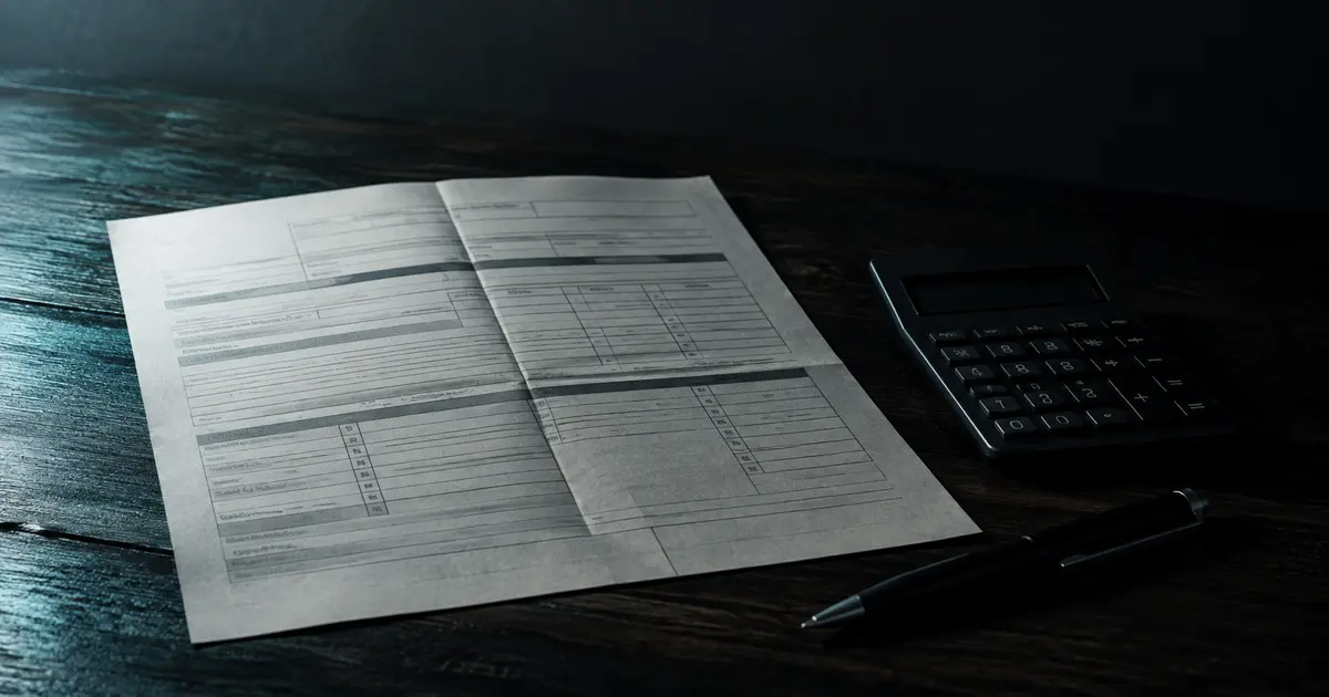 Formulario de declaración de la Renta con bolígrafo y calculadora sobre superficie oscura