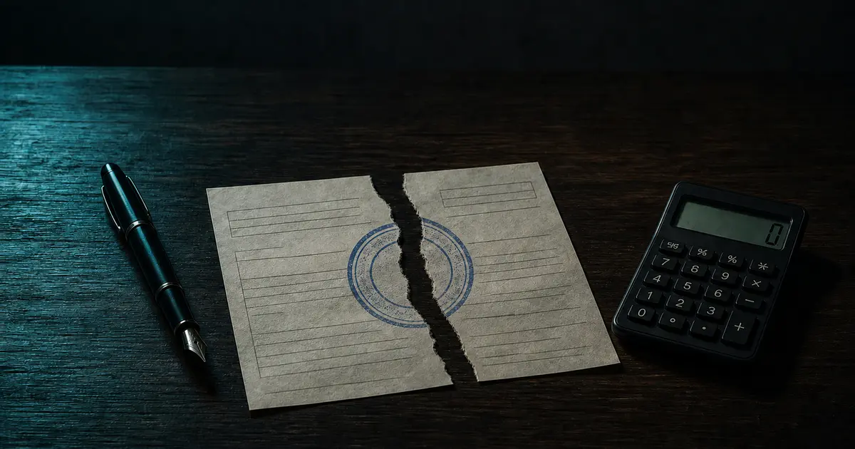 Documentos judiciales y calculadora sobre una mesa oscura con iluminación lateral tenue