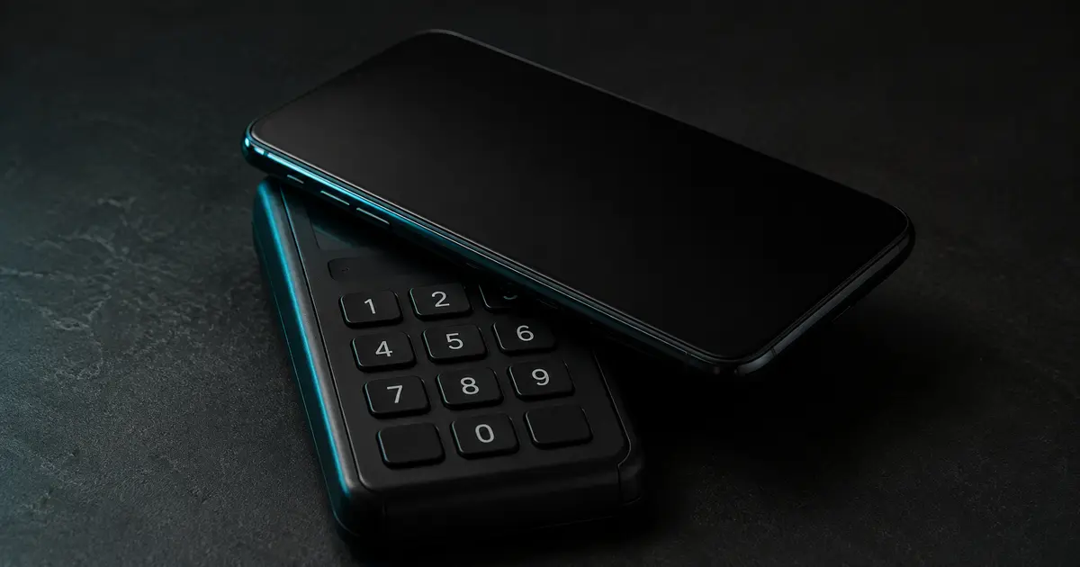 Teléfono móvil con pantalla oscura apoyado sobre un teclado numérico en superficie oscura