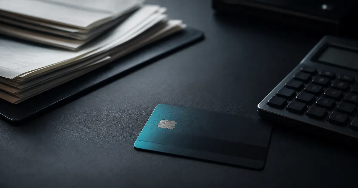 Tarjeta de crédito genérica junto a una calculadora y documentación de pagos