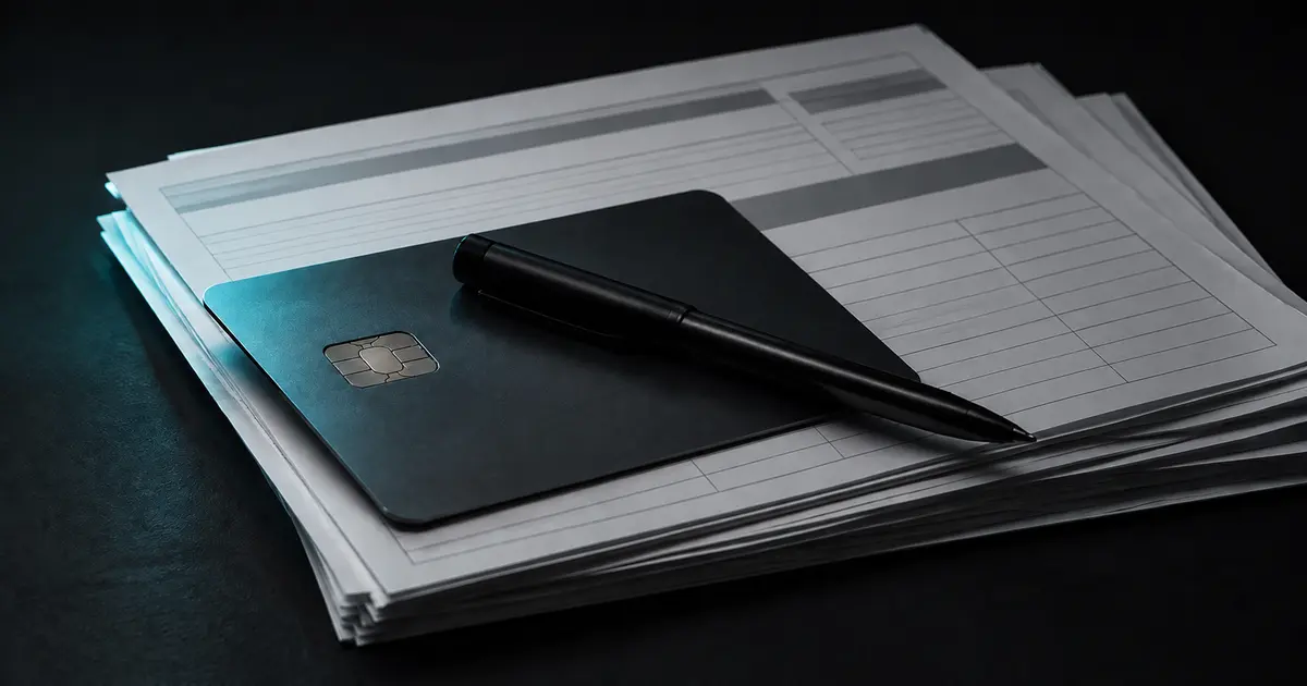 Tarjeta bancaria rota apoyada sobre documentos financieros y calculadora en superficie oscura